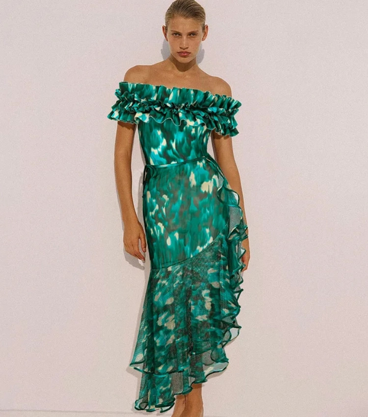 Women's Green Ink Painting Print Strapless Ruffle One Piece Swimsuit American Style Sexy Vacation Suit For All Seasons_ecoleips.com