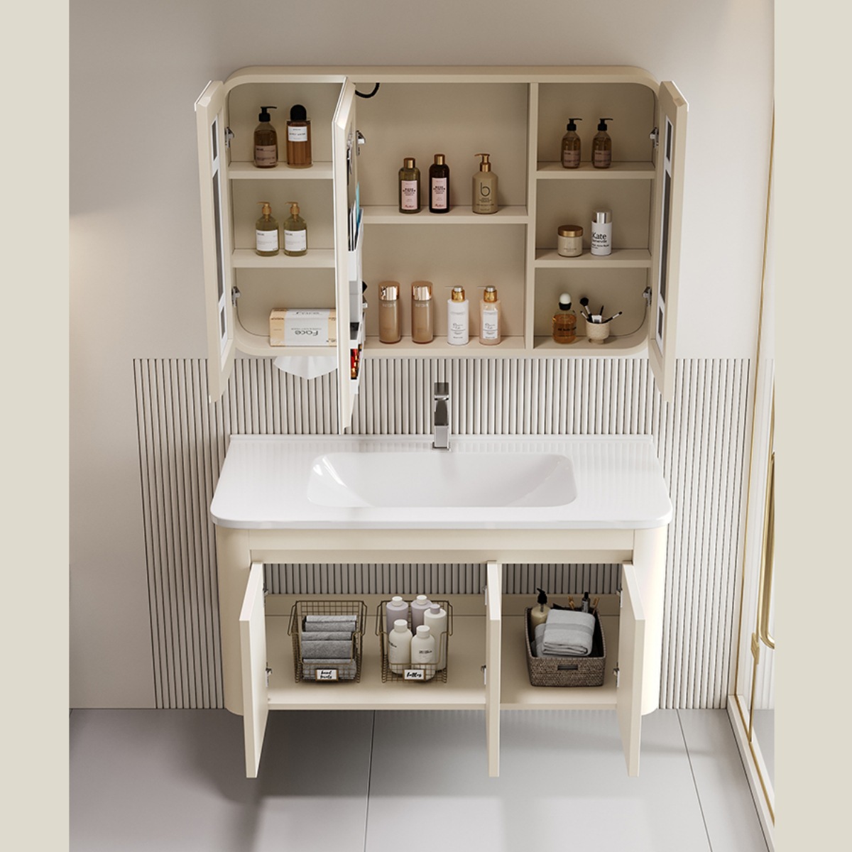 gabinete de baño de panal de aluminio espacial esquina redondeada integral cerámica lavabo combinado lavabo espejo inteligente de belleza