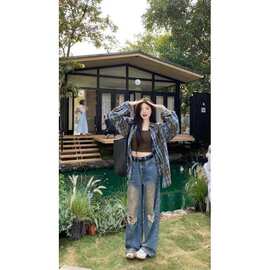美式复古格子衬衫女2025新款春秋薄款设计感小众宽松长袖衬衣外套