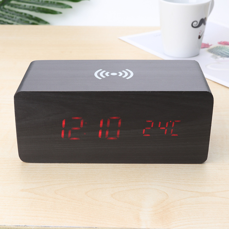 Multifunctional LED digital display wooden clock desktop timekeeping Nordic swing voice control clock 5W wireless charger