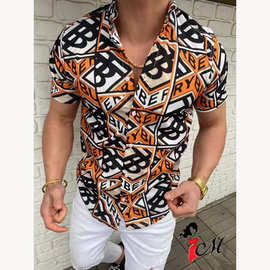 亚马逊2023新款跨境男士时尚印花夏威夷短袖衬衫休闲开衫上衣欧码