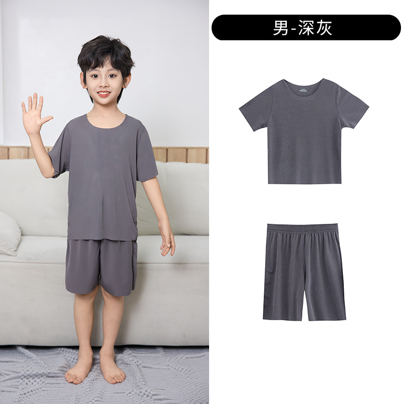 夏の新しい男の子半袖ルーズシームレスアイスシルクホーム服子供のツーピース女の子パジャマセット 01|undefined
