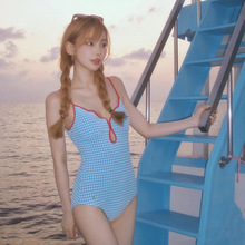 纯欲小香风可爱少女甜美格子性感露背简约连体游泳衣女swimsuit