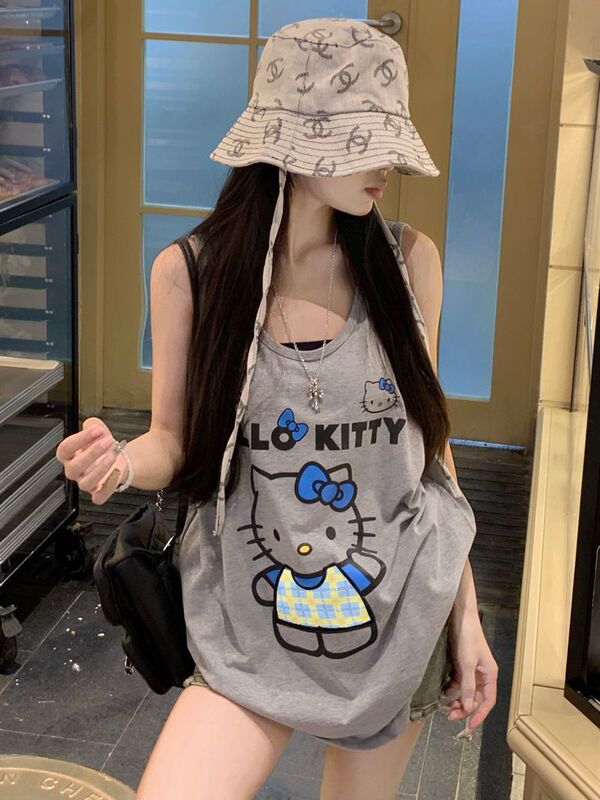 アメリカンレトロキティ猫プリントベスト Tシャツレディース夏の新しいルーズトレンディブランドホットガールノースリーブトップトレンディ|undefined