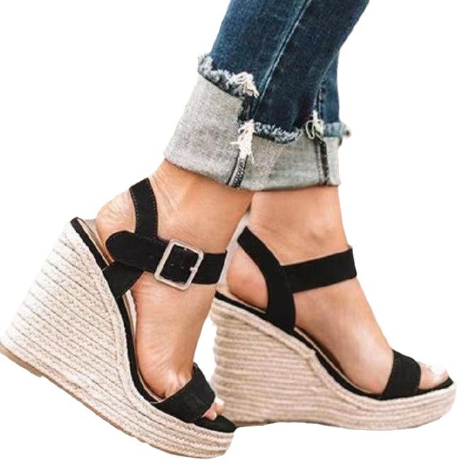 Rope One-Strap Wedge Straw Jute Sandals For Women Plus Size High Heel Snake Pattern Slippers_vogvips.com