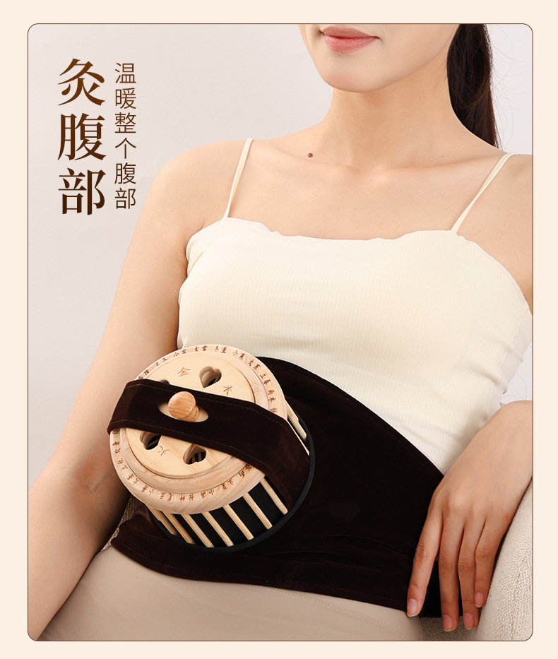 Wooden Moxa Box Single Hole Portable Moxibustion Warmer for Home Abdominal Heat Therapy with Aged Moxa Sticks in use
