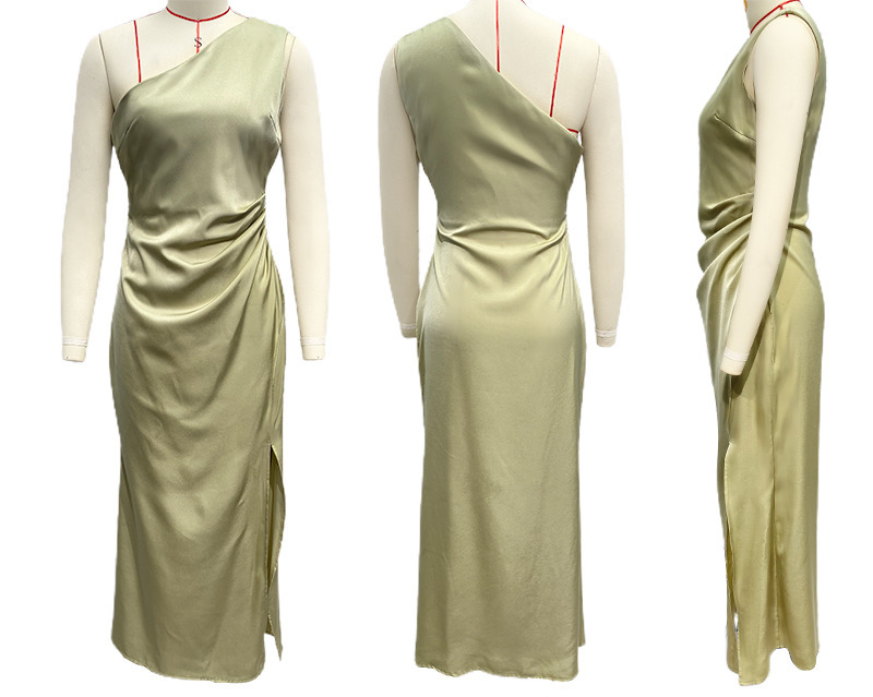 Women's Clothing Elegant Satin Dress All Season Slim Fit One Shoulder Sexy Slit For Women For Formal & Casual_ecoleips.com
