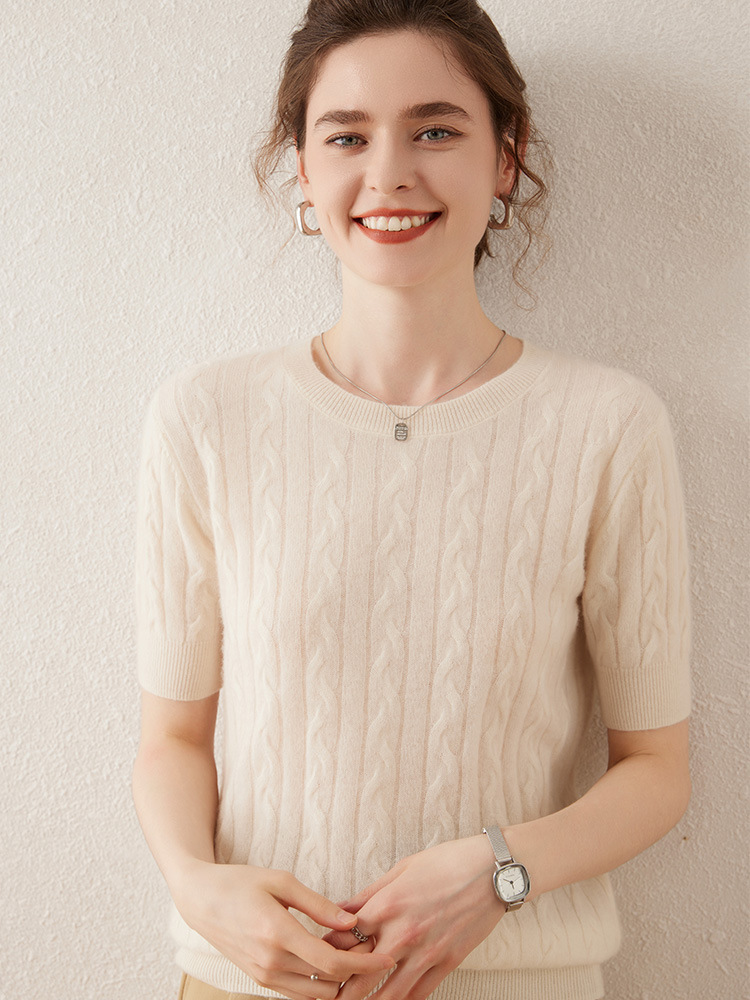 复古设计感山羊绒针织打底衫女长袖上衣圆领短袖扭花百搭舒适亲肤