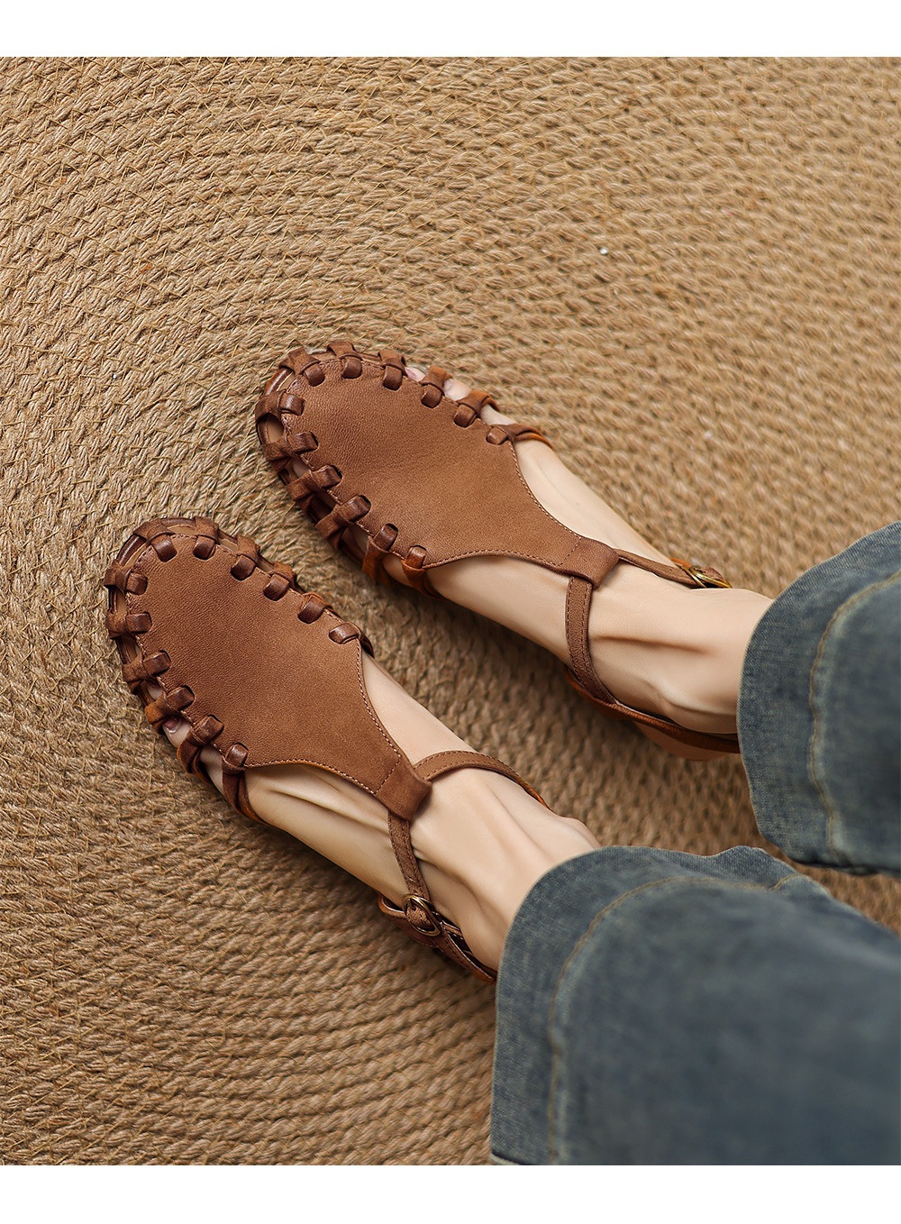 Sandal nữ da cừu mũi nhọn gót vuông quai ngang kiểu La Mã đan rỗng — màu nâu chi tiết 8