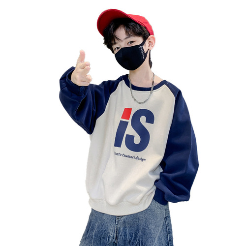 Boys' trendy and handsome casual sweatshirts for middle-aged and older children's spring and autumn single-piece spliced ​​long-sleeved T-shirt tops English pullovers