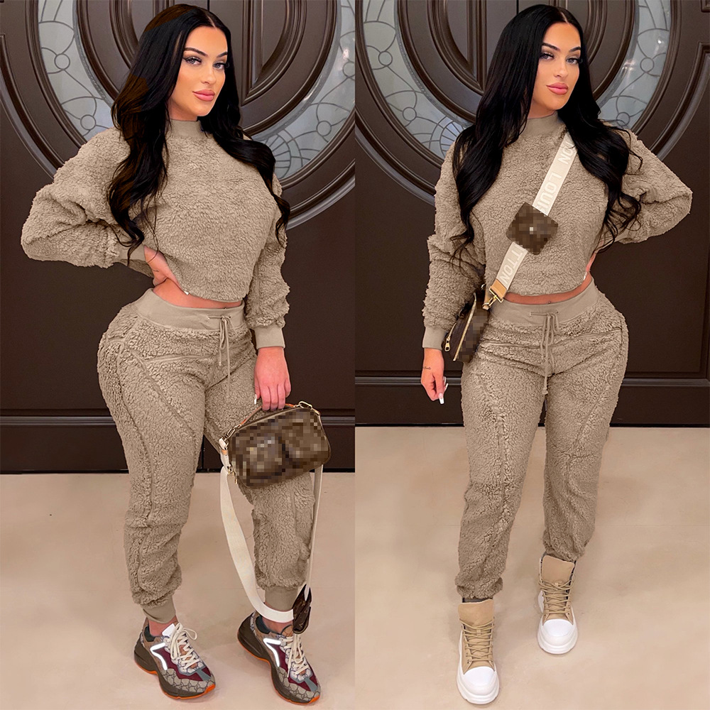 solid color thickening fleece sweatshirt drawstring trousers two-piece NSCYF112173