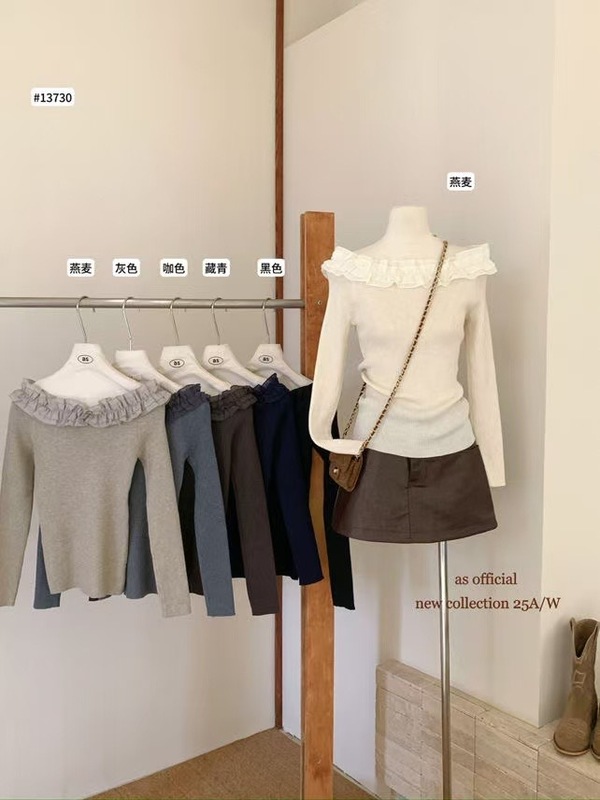 韩系设计感一字肩针织衫秋装女装新款内搭修身套头上衣打底衫毛衣|undefined