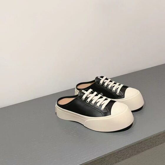 Classic 2025 Ugly Cute Big-toe Shoes Zhao Lusi Same-style Leather Lace-up Platform Thick-soled Height-increasing Baotou Half Slippers