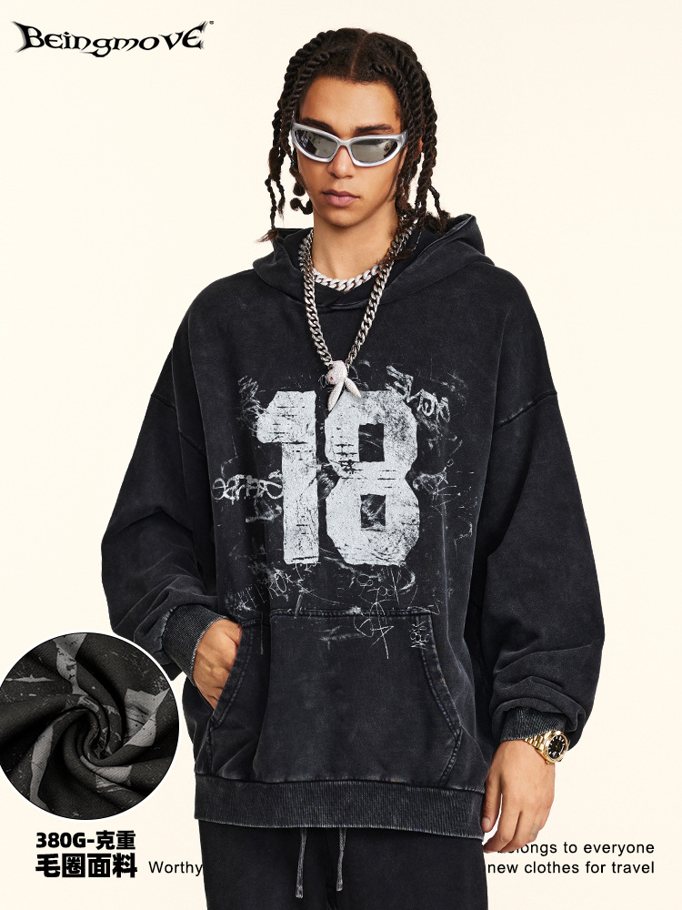 2025 otoño marca de moda americana pesada 380G color de choque 18 baloncesto con sombrera suelta chaqueta con sombrero hombre comercio exterior