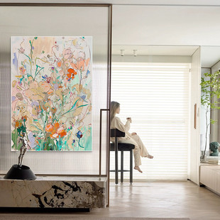 Blooming Flowers: Wutong Home X Lin Fu Signature Pure Hand-Painted Oil Painting for Living Room Wall Art and Entryway Cream Style Artwork
