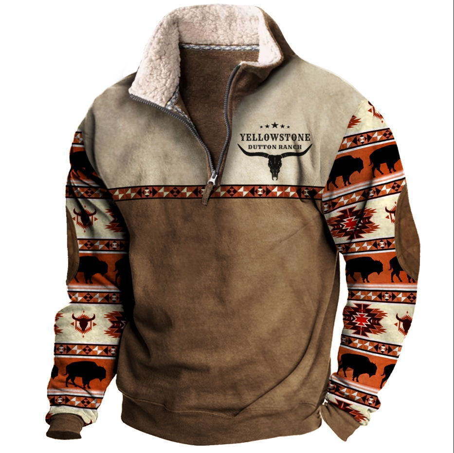 European and American Cross-Border Digital Printing 2023 Autumn and Winter New Men's Long-Sleeved Stand-Up Collar Half-Zip Sweatshirt with Velvet Collar