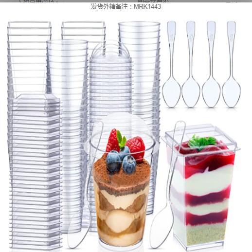 Amazon transfronterizo desechable PS taza de plástico transparente dura taza de pastel de mousse taza cuadrada con cubierta y cuchara conjunto