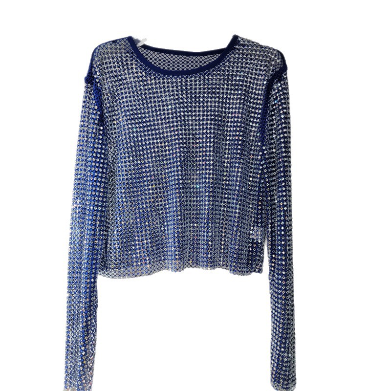 Luz de lujo de alto nivel suave chaqueta de cristal de diamante de malla super celestial dentro de la fiesta bling brillante camiseta de base vaciada