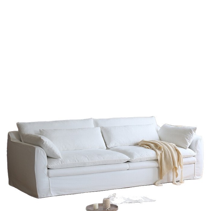 Sofá de Tela de Lino Retro Estilo Wabi-Sabi de Tres Plazas con Respaldo Suave para Sala de Estar de Estilo Nórdico