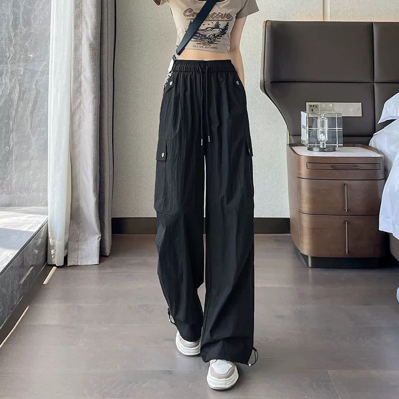 Американские быстросохнущие бежевые карго-брюки для женщин, лето 2025, тонкие свободные, высокая талия, широкие прямые спортивные повседневные брюки