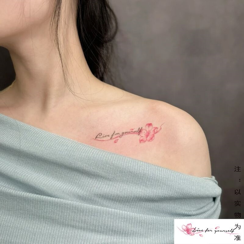 Gentle style collarbone English color tattoo sticker, waterproof, non-reflective, long-lasting, realistic, washable, high aesthetic value, cherry blossom sticker