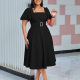 C8629 Amazon Women's 2025 Fashion Horn Sleeve Square Neck High Waist Solid Color Elegant Cross-border European and American dress