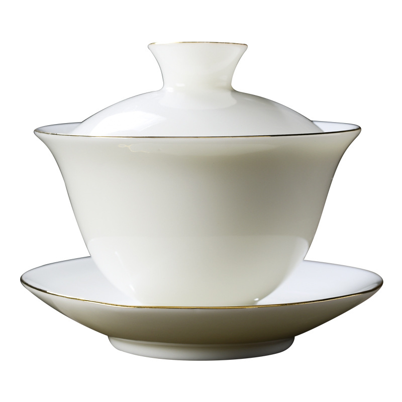 盖碗茶杯描金猪油白陶瓷泡茶碗白瓷功夫茶具三才敬茶碗杯印制logo