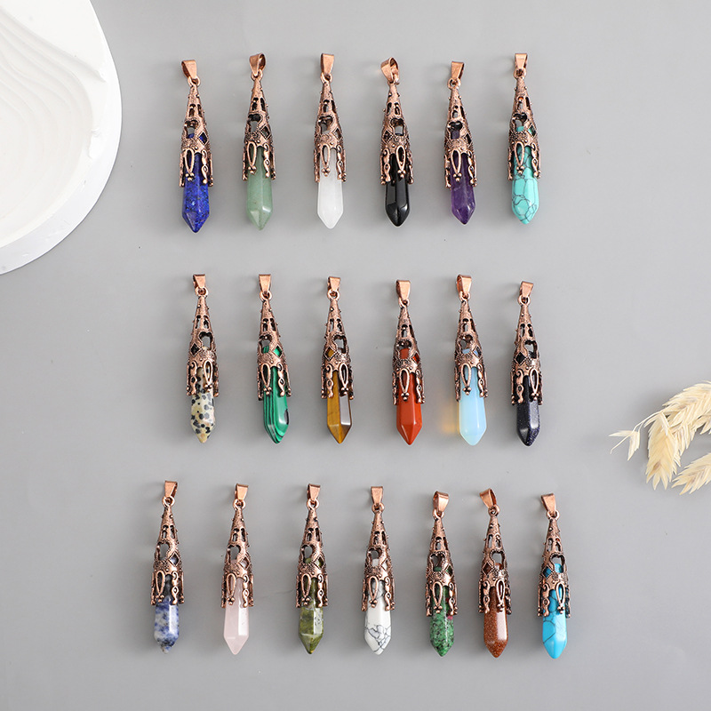 European and American Retro Bronze-Colored Natural Stone Crystal Pendant Single-Pointed Hexagonal Column Necklace Accessory Pendulum Necklace Pendant