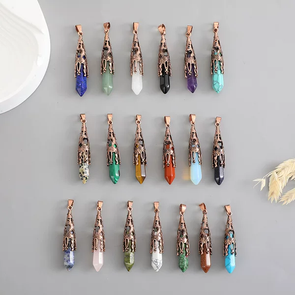 European and American Retro Bronze-Colored Natural Stone Crystal Pendant Single-Pointed Hexagonal Column Necklace Accessory Pendulum Necklace Pendant