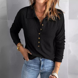 Amazon Cross-Border Solid Color Sweater Women's Single-Breasted Lapel Long-Sleeved Loose Casual Bottoming Top Autumn and Winter New Style