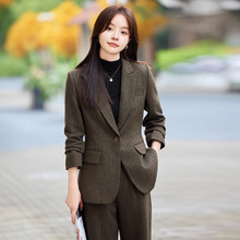 高档西装套装女春秋冬季时尚杏色职业装欧美休闲阔长裤子两件套装