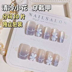 清冷小花貓眼漸變穿戴甲清新霧霾藍簡約氣質線條美甲貼片分碼10片