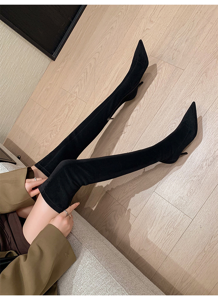 Boot nữ cổ cao ôm chân mũi nhọn gót siêu cao da lộn Thu Đông 2025 — Lớp lót đơn kaki ống cao, Lớp lót nhung kaki ống cao, Lớp lót nhung đen ống cao, Lớp lót nhung kaki trên đầu gối chi tiết 19
