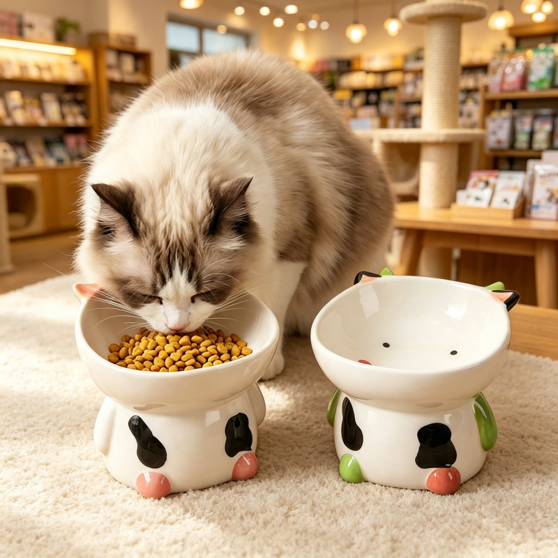 Ins Style Cow-Shaped Pet Bowl with Slanted Mouth, Ceramic Elevated Cat Bowl, Anti-Spill Cat Food Bowl, Cat Feeding Water Bowl Ins Style Cow-Shaped Pet Bowl with Slanted Mouth, Ceramic Elevated Cat Bowl, Anti-Spill Cat Food Bowl, Cat Feeding Water Bowl