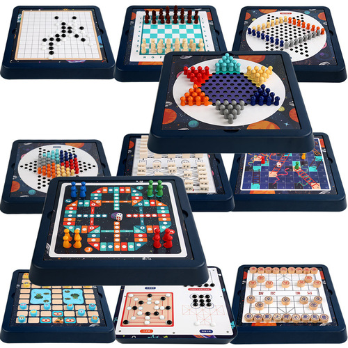 Multifunctional game chess, children's interactive board game toys, wooden beast chess, checkers, flying chess, backgammon