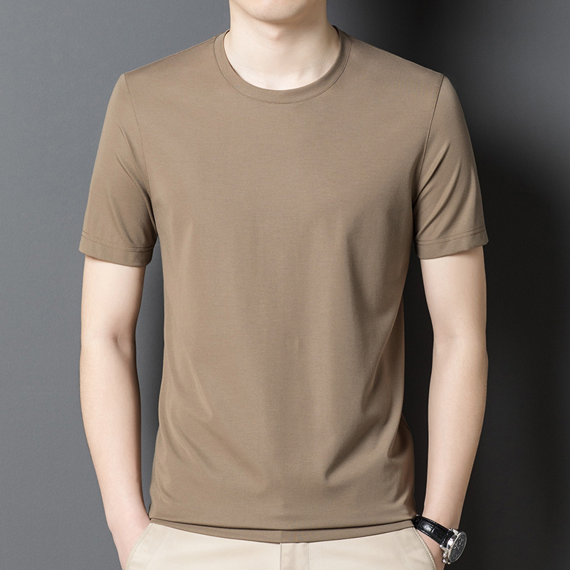Summer Mulberry Silk Short-Sleeve T-Shirt for Middle-Aged Men, Thin Round-Neck Solid Color Silk Top for Business and Commuting