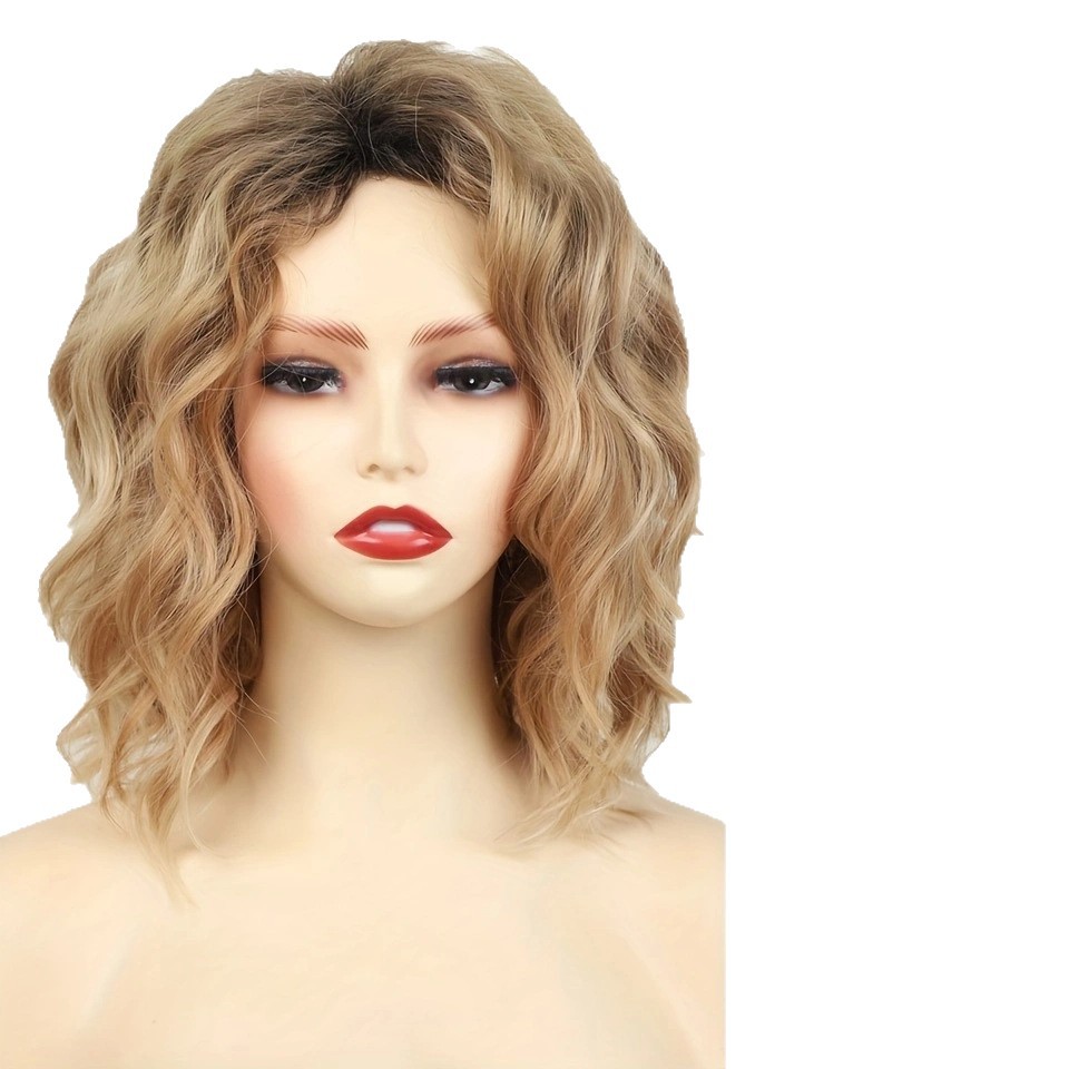 Short Curly Hair Wig With Gradient Gold Top Synthetic Hair Extensions Average Size Body Wave Long_voghion.com