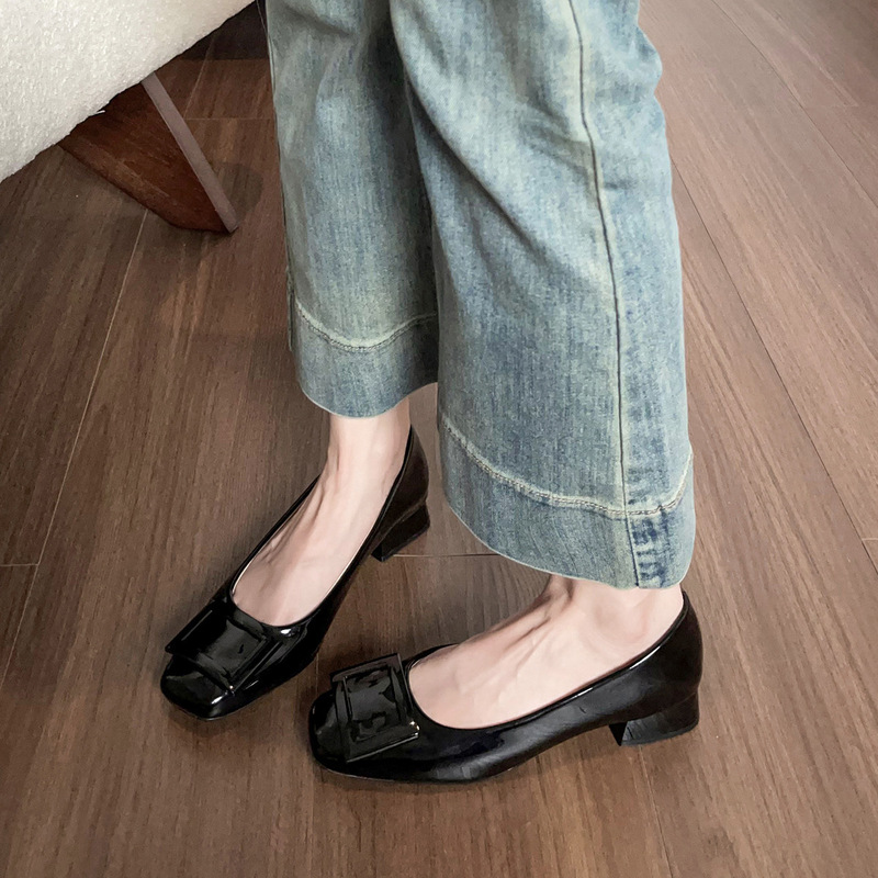 牛皮版夏季裸色方扣温柔风单鞋圆头上班绝美气质通勤平底高跟鞋女|undefined