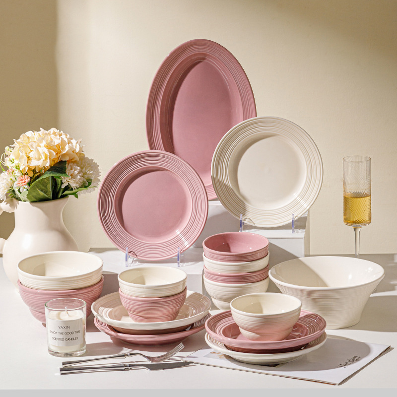 Cream Style High-End Household Ceramic Tableware Set Embossed Underglaze Ceramic Bowl Accessible Luxury Plate and Dish Set