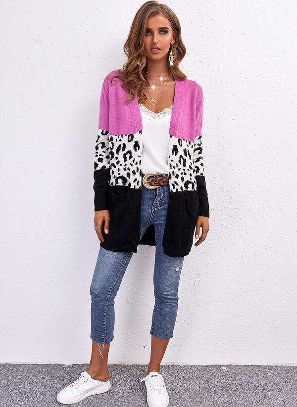 Leopard Print Color-Blocking Mid-Length Knitted Cardigan NSPZN105152