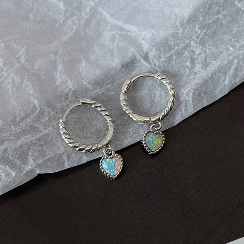 Qianjiatong body S925 sterling silver opal stone love pendant twist ear hoop earrings temperament small earrings ear buckle for women