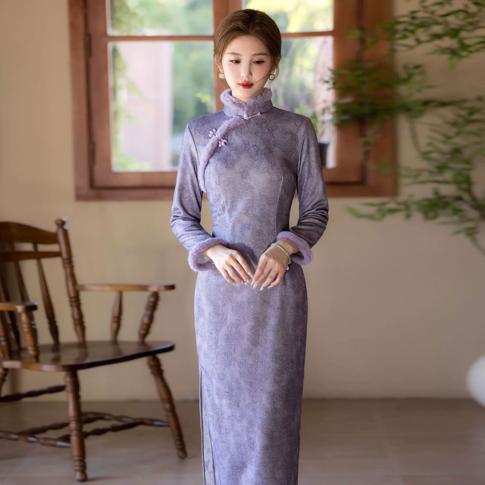 旗忆阁新中式紫色加绒旗袍2025秋冬款优雅气质长款显瘦修身