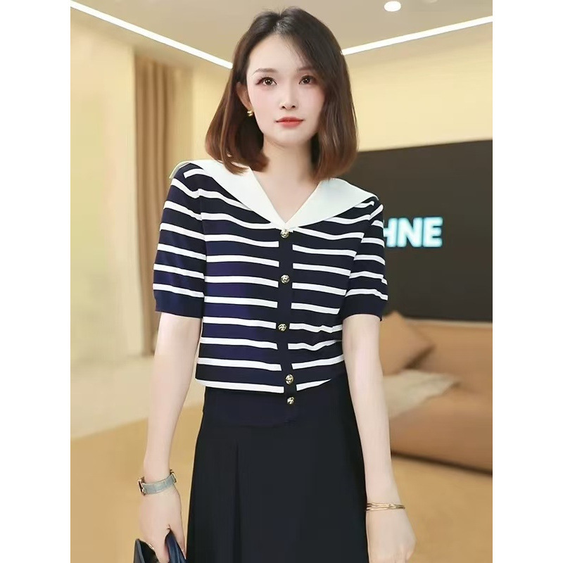 Clearance Stylish Thin Striped Knit Top Summer New Petite Versatile Age-Reducing Slimming Short-Sleeve Top Clearance Stylish Thin Striped Knit Top Summer New Petite Versatile Age-Reducing Slimming Short-Sleeve Top