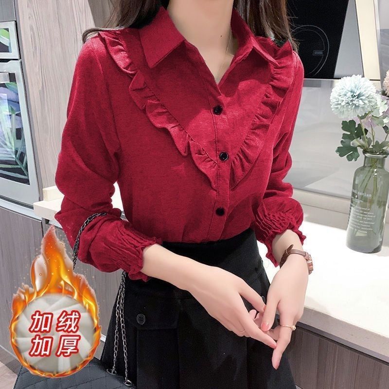 加绒加厚红色秋冬新款灯笼袖时尚长袖衬衫女宽松内搭衬衣外套保|undefined