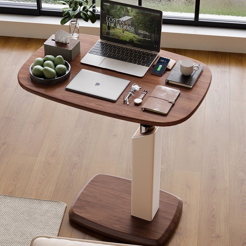 Medieval Style Movable Adjustable Side Table Retro Walnut Color Living Room Sofa Small Coffee Table Rotating Bedside Table