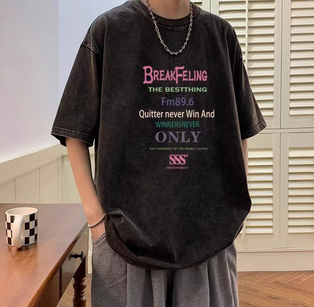 Camiseta de manga corta de algodón puro desgastado lavado retro americano para hombre, camiseta de media manga de marca holgada informal de verano para hombre