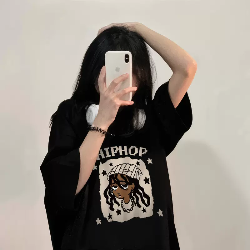 黑色短袖t恤女2025新款爆款夏季纯棉女士半袖宽松小众设计感上衣