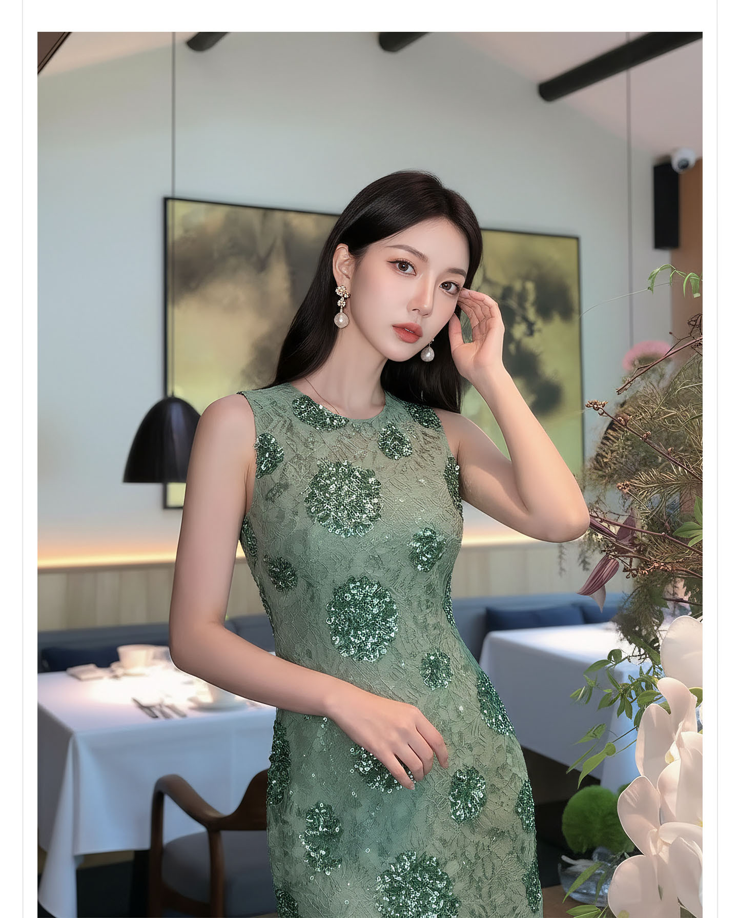Đầm maxi nữ thắt eo họa tiết hoa nhí tay không cổ tròn — Xanh lá cây nhạtcolor chi tiết 5
