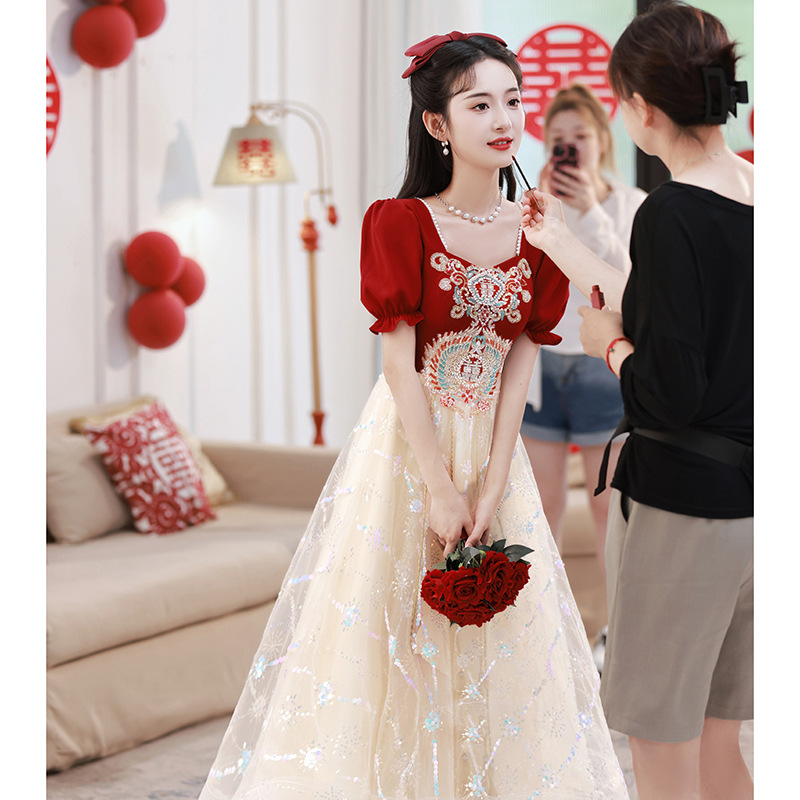 2026 New Style Red Bridal Dress for Wedding Banquet, Engagement Evening Dress, Long Mesh Dress