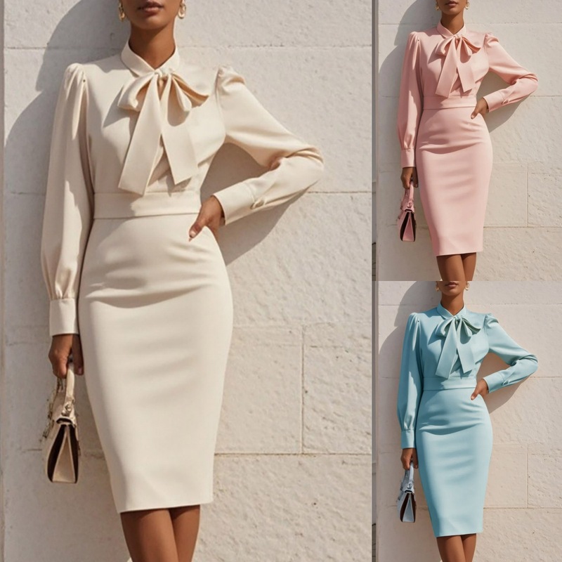 2025 Amazon Cross-Border Export New Autum Fashion Elegant Pure Color Waist Bow Dress Women's Clothing